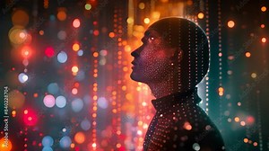 A human-like person transforms into digital binary code, with 1s and 0s, rendered in an array of bright colors,generative ai