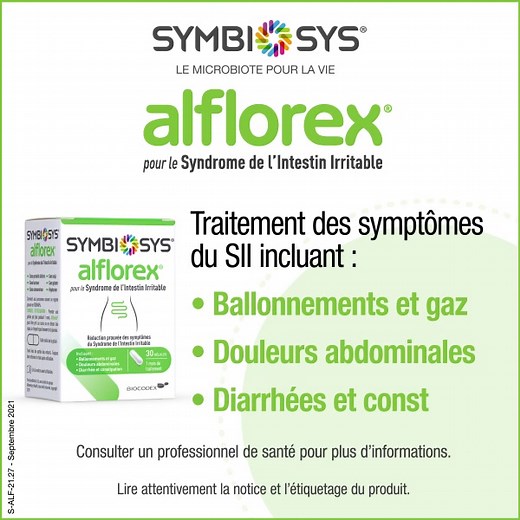 Découvrez Alflorex® pour le Syndrome de l'Intestin Irritable Destiné à traiter les symptômes du SII notamment: les ballonnements, les gaz, les douleurs abdominales, la diarrhée et la constipation. | Symbiosys France