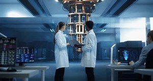 Young Caucasian Female Team Leader and Male Indian Scientist Talking in a Research Center with a Quantum Computer Device. Institute of Technology Specialists Discussing Machine Learning Development
