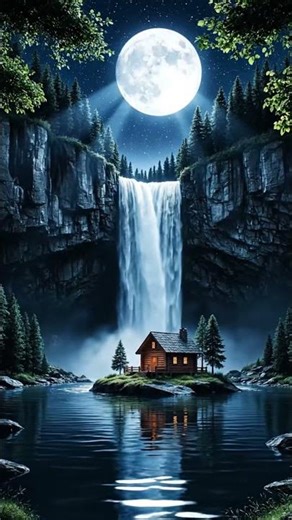 Moonlit Waterfall Cabin 🌙 | Ultra Relaxing Night Nature Scene