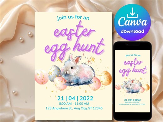 Cute Angora Bunny Easter Invitation, Watercolor Gold Easter Party Invite, Kids Easter Egg Hunt Invitation - Etsy