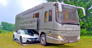 This $1.7 Million Luxury Motorhome has Its Own Side-Load Garage To Hold a Car