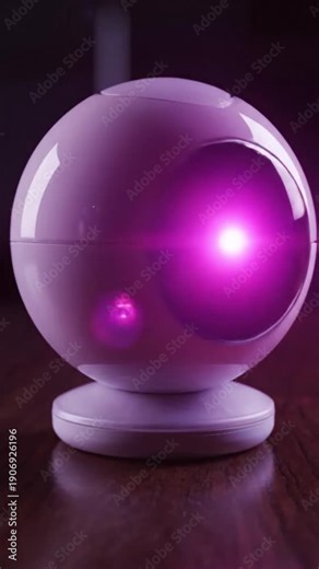 A glowing spherical smart home device rests on a reflective surface emitting a soft light