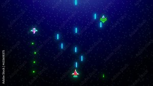 Classic Retro Arcade Space Shooter Computer Game Animation. Galactic War in Modern Colors. Space Ship Shooting Aliens With Lasers Pixelated 2D Gameplay. Stock Video