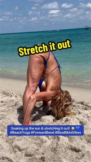 Standing Forward Bend on the beach is amazing because the sand supports your feet, helping with balance while the ocean air deepens relaxation! #BeachYoga #ForwardBend #MindBodySoul #OceanVibes #StretchItOut #YogaFlow #WellnessJourney #MindBodySoul #BeachLife #Flexibility #NatureLover #SelfCare #SunnyDays