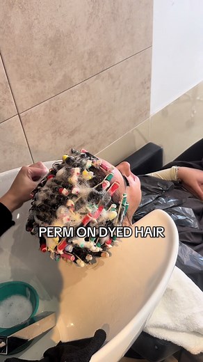 Can you perm on dyed hair? Yea using our specific perm solution formulated to perm tinted or artificially dyed hair. #perms #perm #fyp #permhair
