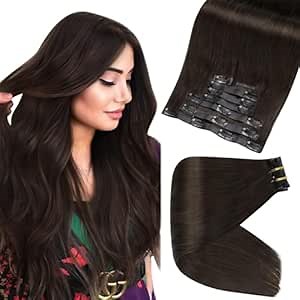 Full Shine Seamless Clip in Hair Extensions Human Hair Dark Brown Real Hair Clip in Extensions Straight Invisible Brazilian Hair Extensions Clip ins 20 Inch 120 Grams 8 Pcs