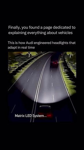 Explaining a car on Instagram: "Audi’s Matrix LED system marked a turning point in the evolution of automotive lighting. Instead of relying on a static beam, it uses a sophisticated array of individually controlled diodes that can be adjusted in real time. The result is a light pattern that is not only brighter and more precise, but also far more intelligent. By working with onboard sensors, the system continuously detects oncoming traffic and surrounding conditions. Specific sections of the bea