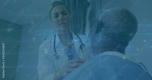 Female doctor approaching patient, performing throat and chest exam, data overlay monitoring vitals