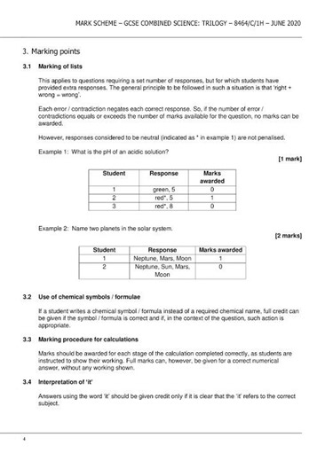 AQA GCSE Combined Science Trilogy Chemistry Paper 1h 8464 C 1h June 2020 Mark Scheme