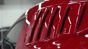 Red, luxury, sport, muscle car body detail. Racing automobile shiny hull side pan. Stock Video