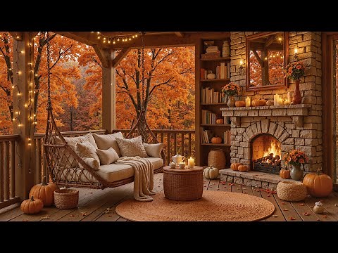 Autumn Porch Ambience 🍁 Relaxing Falling Leaves and Fire Sounds for a Cozy Fall