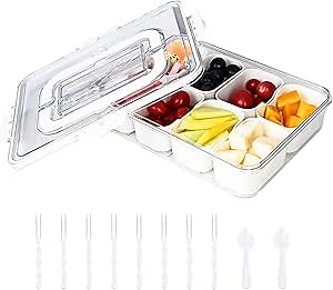 Snackle Box - Divided Serving Tray with Lid and Improved Handle - Snack Storage Containers with Forks and Spoons for Fridge, Candy, Fruits, Nuts