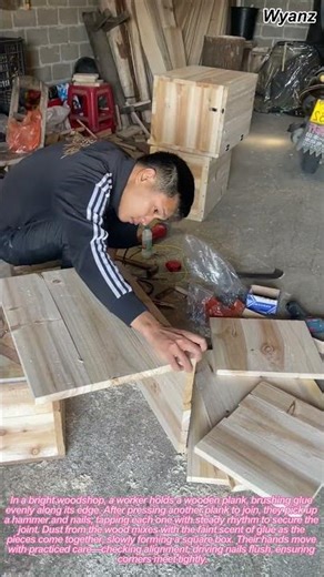 Woodworker assembles box with glue and nails