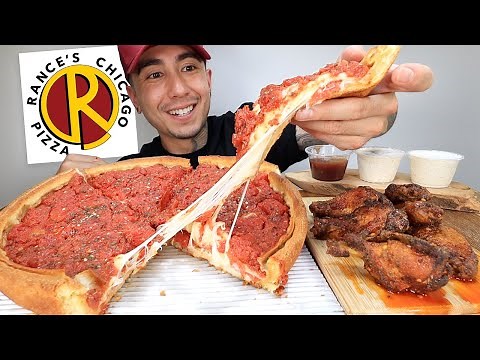 MUKBANG EATING CHEESY Chicago Deep Dish Style Pizza And Buffalo Wings From Rance's Pizza