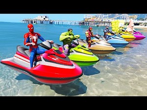Spiderman JET SKI with Superheroes! Spongebob Ironman Hulk - Mega Ramp Challenge - GTA V MOD