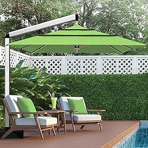 EliteShade Atlas 3-Tier 10x10FT Full Aluminum Crank Open Cantilever Patio Umbrella, Square 360° Rotation Offset Umbrella for Outdoor Garden Deck Pool with Light and Water Filled Base, Macaw Green