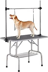 Amazon.com: 42" Pet Dog Grooming Table, Foldable Stainless Steel Frame Pet Drying Grooming Table Up to 330lbs, Professional Bathing Desk for Dogs at Home with Adjustable Overhead Arms, Noose, Mesh Tray, Black
