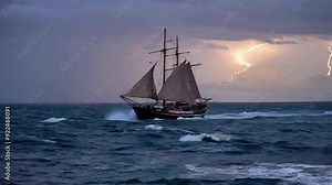 stormy ocean A three-masted sailing ship battles through rough seas under a stormy, dark sky. The ship's billowing sails strain pirates in rainy day thunder cinematic