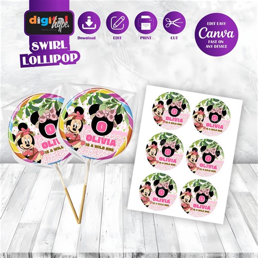 Minnie Safari Lollipop Labels Mickey Mouse Anime Theme Birthday Favors Printable Daisy Duck Gift Oh Twodles Party Decor Goofy Keepsake MK07 - Etsy