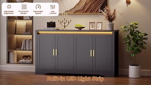 60'' Sideboard Buffet Cabinet with Storage, Modern Coffee Bar Cabinet with Power Outlets, LED Light, 4 Doors & Adjustable Shelves, Buffet Table for Kitchen, Dining Room, Living Room, Black