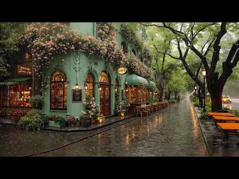 Smooth Rainy Jazz on a Cozy Spring Green Café Street 🌧️ Relaxing Jazz & Rain Sounds for Deep Focus ☕