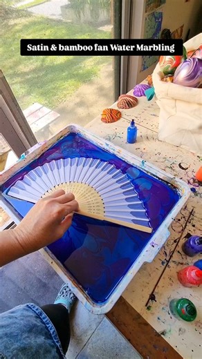 4.9K views · 679 reactions | Learn the basics of Water Marbling your own hand fans in my YouTube tutorials. Link in my bio  . . . .#fblifestyle #patterndesigner #patterndesigner #brisbaneartist #jacquardproducts #creativecommunity | Raynbow Crow Studios | Facebook
