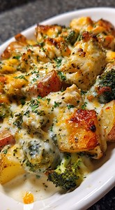 🥔 Baked Potato Chicken & Broccoli Casserole 🧀🥦 Prep Time: 15 minutes Cook Time: 45 minutes Servings: 6 Calories per serving: ~480 kcal Ingredients 🛒 For the Casserole Base 3 lb red potatoes, cut into 1-inch pieces 2 cups cooked chicken breast, diced or shredded 3 cups broccoli florets (fresh or lightly steamed) For the Creamy Sauce 4 tbsp unsalted butter, softened 1 cup sour cream 1 cup heavy cream ½ tsp garlic powder ½ tsp onion powder ½–1 tsp kosher salt (to taste) ½ tsp black pepper For t