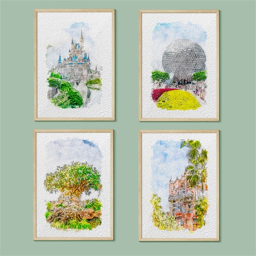Walt Disney World Prints: Watercolor Set of 4 Parks - Etsy