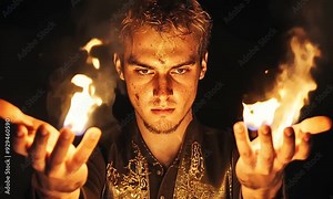 Man Conjuring Flames in Hands at Night with ai generated.