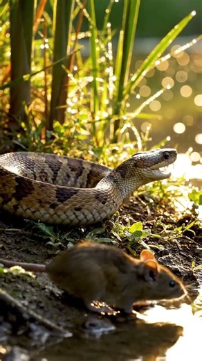 A viper bites a mouse near a pond, soft morning light, close-up.