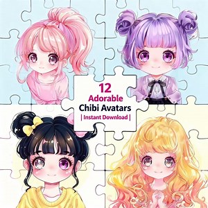 12 Adorable Chibi Avatars in Soft Pastel Colors for Stickers & Social Media - Etsy