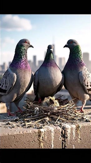 Tiny Pigeon Chick Guarded by Loving Parents 🕊️💛 | Urban Wildlife Moment