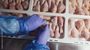 Chicken processing line at poultry farm. Chicken meat production line. Food industry. Chicken legs.4K