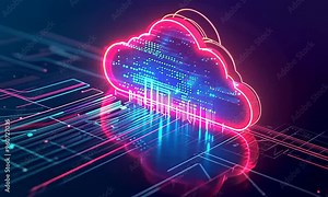 Cloud technology. digital data synchronization with data storage through internet. Computer technology abstract isometric 3d rendering animation. Server IOT in datacenter communication with devices