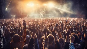 Crowd raising hands up during concert or festival