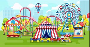 Amusement park. Cartoon amusement park concept on sunny summer day with balloon, hourse carousel, kids train and other kids amusement