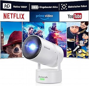Mini Beamer mit Akku, WiFi und Bluetooth 1080P Outdoor Beamer 4K Support, Electric Fokus & Auto Trapezkorrektur und 270° Drehung, Android 11.0 Heimkino mit HDMI