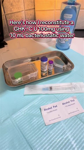 Reconstituting GHK-Cu 100mg copper peptide 💧 GHK-Cu is a peptide commonly discussed in peptide research for its role in skin renewal, collagen support, hair health, and overall skin appearance. This video shows the basic reconstitution process for research purposes. #GHKCU #CopperPeptide #PeptideReconstitution #PeptideEducation #ResearchPeptides