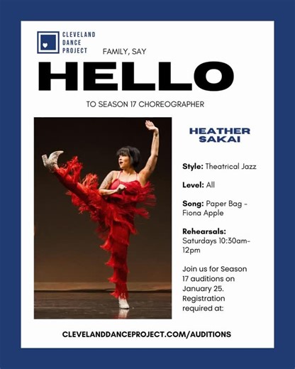 Another chance to learn a little season 17 choreography and work with a choreographer before auditions! @sakaipower is subbing musical theater tomorrow with a snippet of her piece! Check it out and register for auditions! Heather Sakai serves as the Marketing Director for Cleveland Dance Project, as well as for Cleveland Dance Project Company. Heather has been a part of CDP since its inception, contributing as a dancer, choreographer, and instructor. Heather began her dance journey at the age of