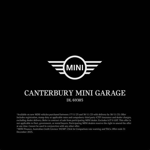 Enjoy complimentary on-roads* including stamp duty, 12 months registration and CTP across the MINI range during the MINI Black Friday Sale Event. Book a test drive at Canterbury MINI Garage now https://bit.ly/4nVoSa3 - your destination for all things MINI. *T&Cs apply. Ends November 30,2025. | CANTERBURY MINI GARAGE