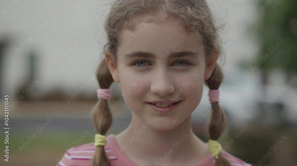 Portrait Smiling Teenage Girl Looking at Camera Standing Near School. Laughs Happily Child at Outdoors. Inquisitive Little Boy Portrait. Happy Face Funny Contemplative Child Smile Freedom and Wellness