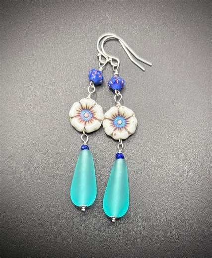 Long Czech Glass Floral Dangle and Sterling Silver Earrings, With Lapis Lazuli. - Etsy