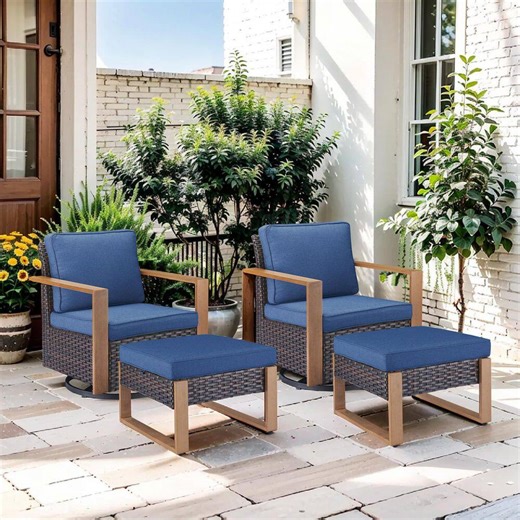 Check The Home Depot's Q&A Before Buying: moosprr CubeEdge 4-Piece Brown Wicker Patio Conversation Set with Olefin Blue Cushions and Ottomans/ Patio Swivel Chairs