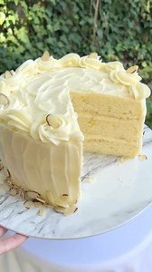 Our latest recipe! This delicious Lemon Almond Cake consists of soft, moist lemon almond layers frosted with almond cream cheese frosting 💕💕 Find the recipe link in my profile! | MyCakeSchool.com