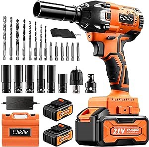 Elikliv Cordless Impact Wrench 1/2", 21V 4.0Ah 380Nm Power Impact Gun with 2pcs Battery, Charger, 6pcs Sockets, 14pcs Driver and Drill Bits - 3800 RPM Impact Driver for Car (Most Japanese Cars)
