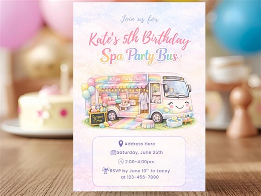Spa Party Bus Birthday Invitation Template, Pastel Rainbow Spa Party Invite, Girl Spa Birthday, Editable Canva 5x7 & Mobile Invite - Etsy