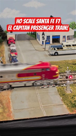 HO Scale Santa Fe F7 El Capitan Passenger Train Rolls Through Gas Station Crossing! #modeltrains