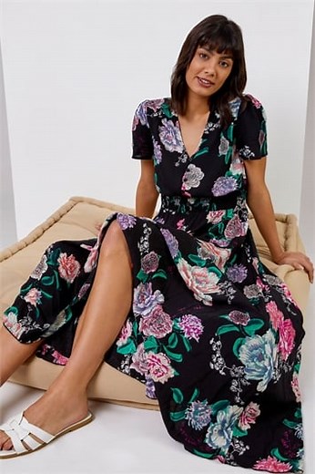 Floral Print Shirred Waist Maxi Dress in Black - Roman Originals UK