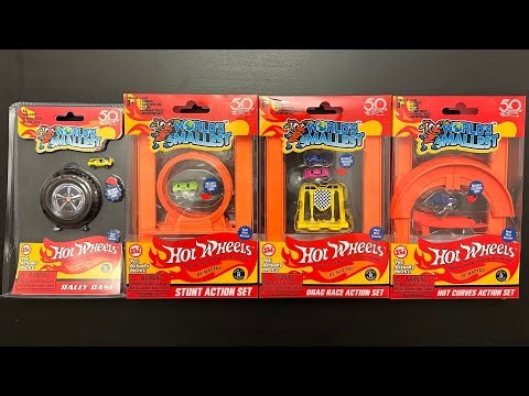 Hot Wheels World's Smallest Playset Collection - Rally Case, Stunt Action, Drag Race, and Hot Curves